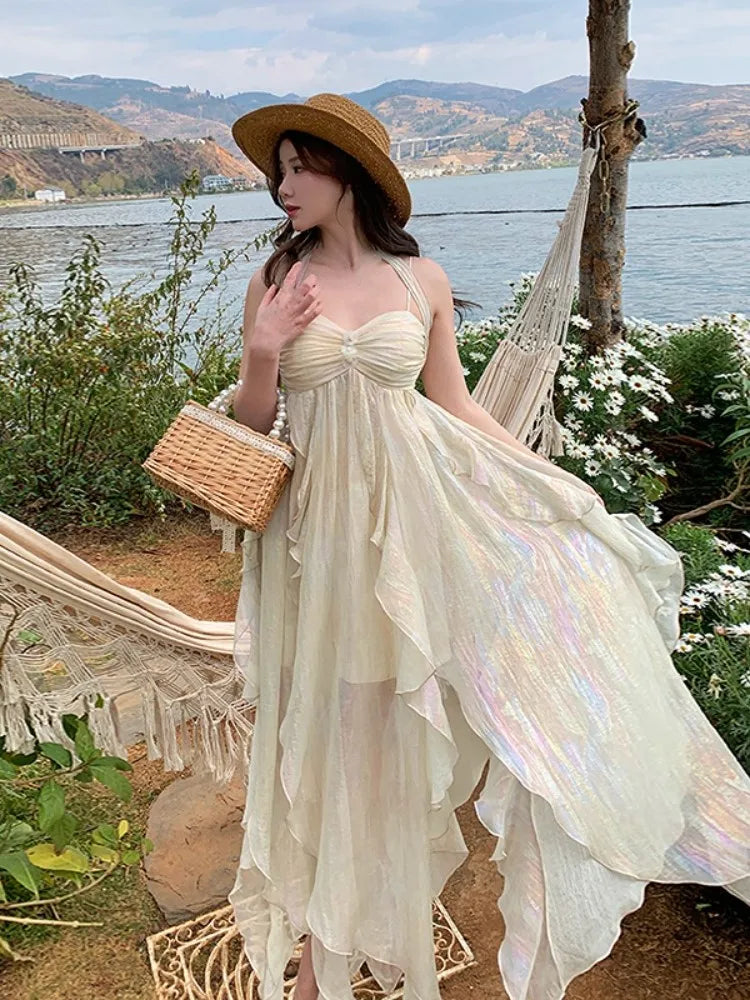 jinran France Fashion Irregular Beach Strap Dress Female Elegant Chiffon Fairy Party Vestidos Korea Summer Casual Clothing