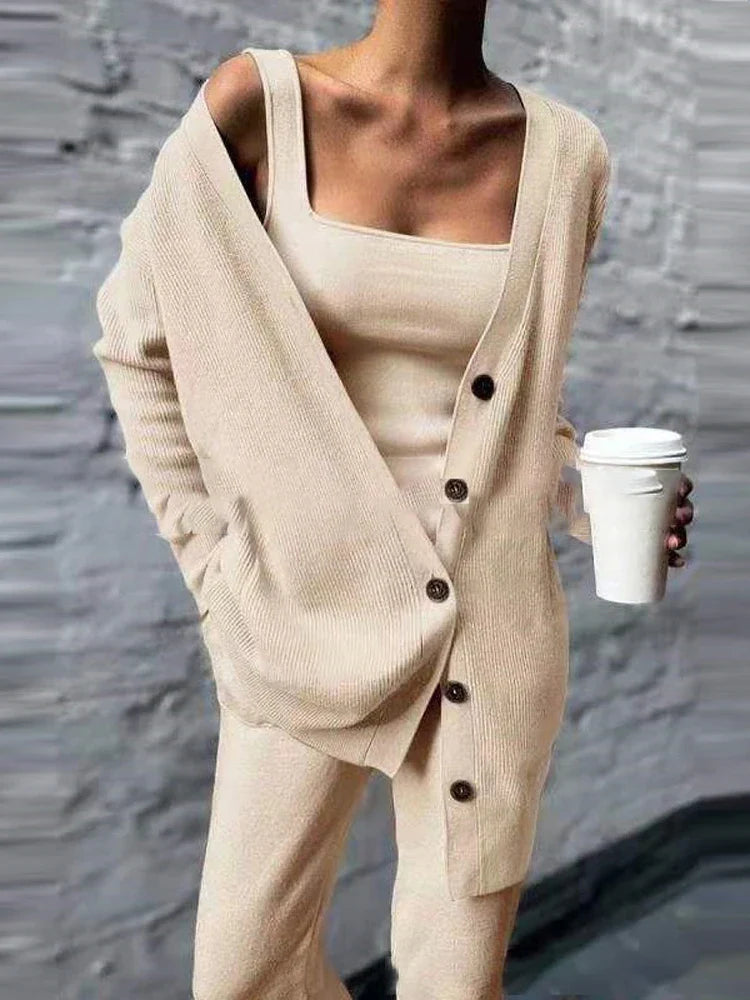 jinran Women Solid Knitted 3 Pices Set Cardigan Tops Tank Top And Casual Loose Long Pants Chic Suit Tracksuit 2024 Fall Winter