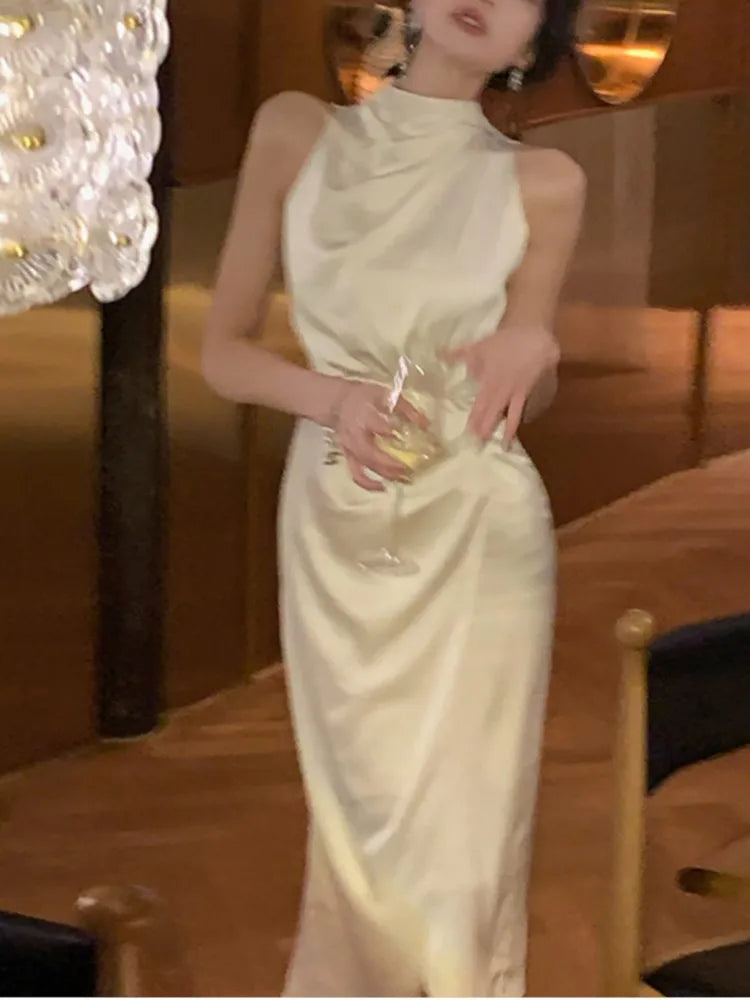 jinran Women Summer Halter Satin Midi Party Dress Sleeveless Bodycon Slim Casual Solid Birthday Vestidos Female One Pieces Fashion Robe