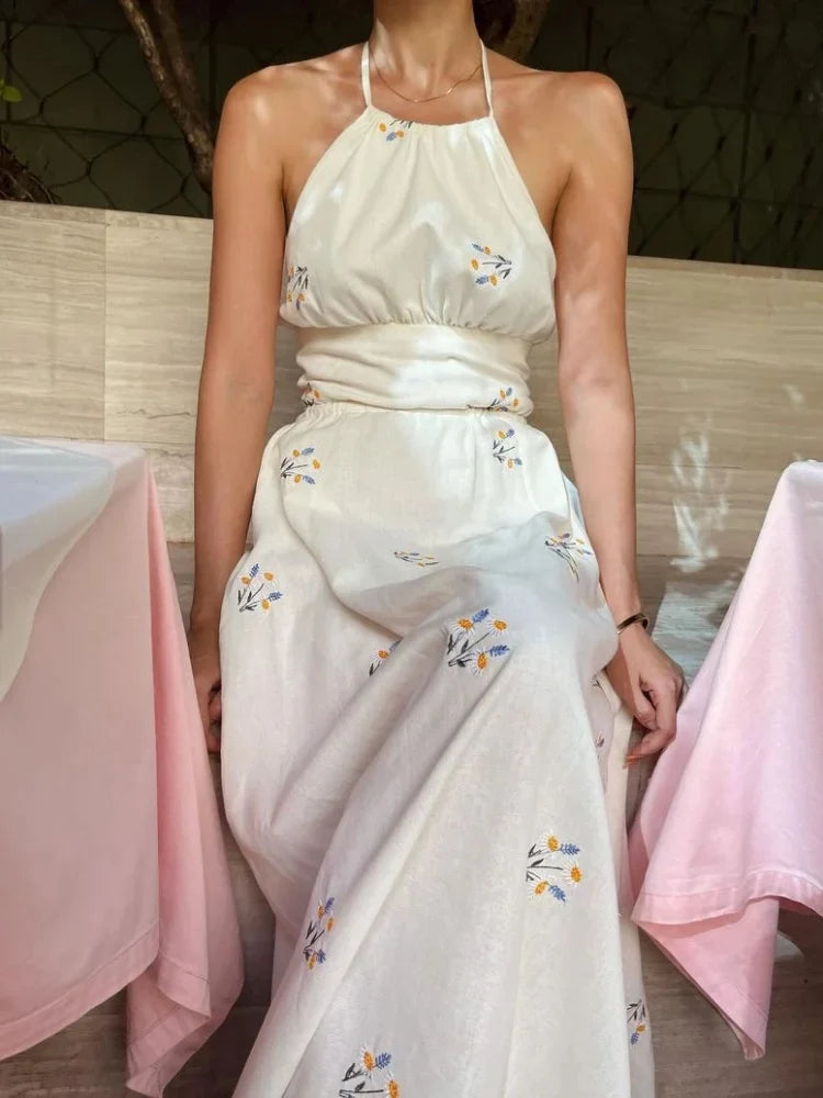 Korean style Women Summer Sleeveless Cotton Hemp Halter Neck Dress Daisy Embroidery Backless Lace Up Midi Holiday Dress