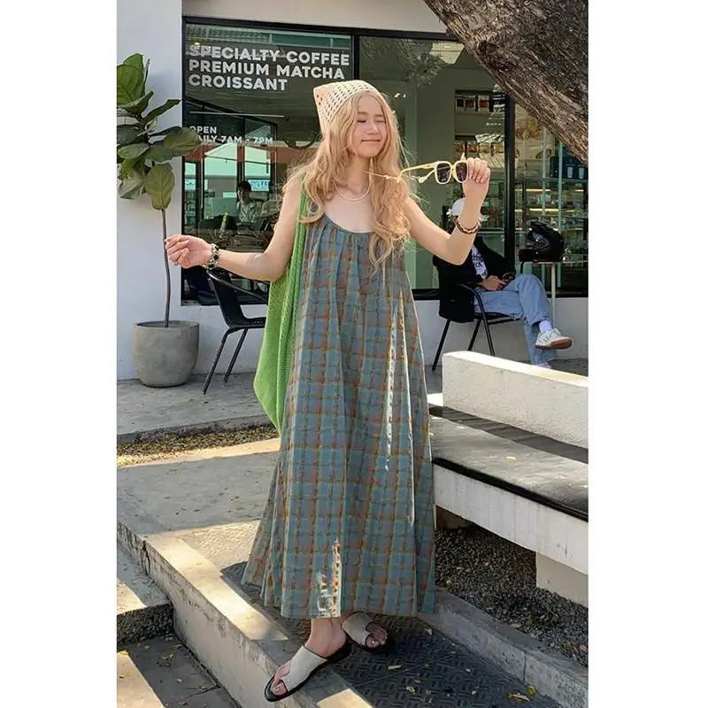 jinran 2024 New Arrival Summer Beach Style Women Loose Casual Plaid Print O-neck Sleeveless Mori Girl Camisole Ankle-length Dress V906