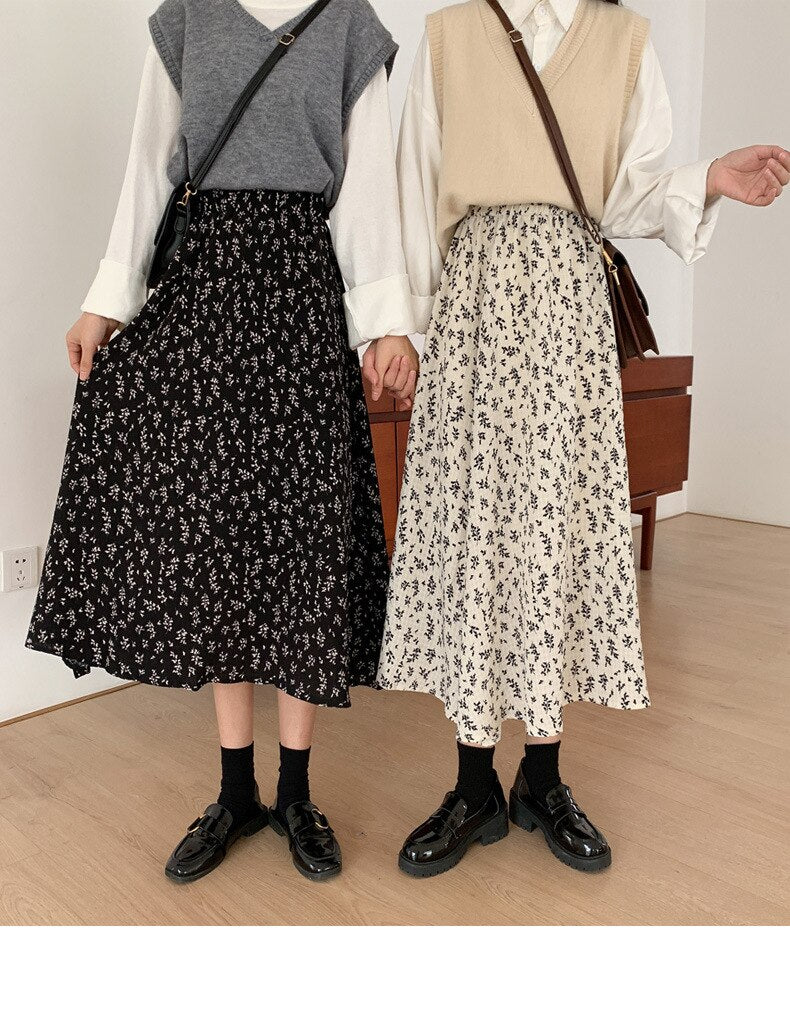 jinran Summer New Floral Print A Line Pleated Women Long Skirts 2022 Korean Fashion Elastic Waist Sweet Retro Midi Skirt Streetwear