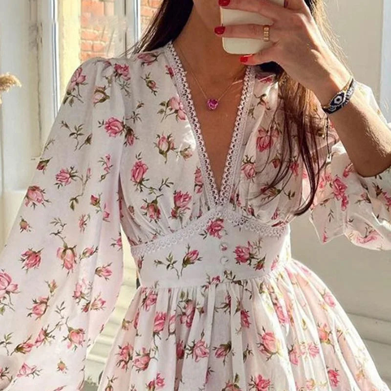 jinran Vintage Women Summer Mini Dress Long Sleeve Floral Print Ruffles V Neck High Waist A-Line Cocktail Vestidos