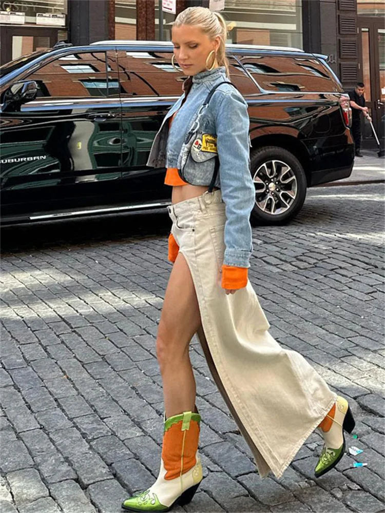 jinran 2024 Summer Split Out Denim Skirt Jeans Women Casual Long Skirt Low Waisted Jean Streetwear New Midi Pencil Skirt Y2k New