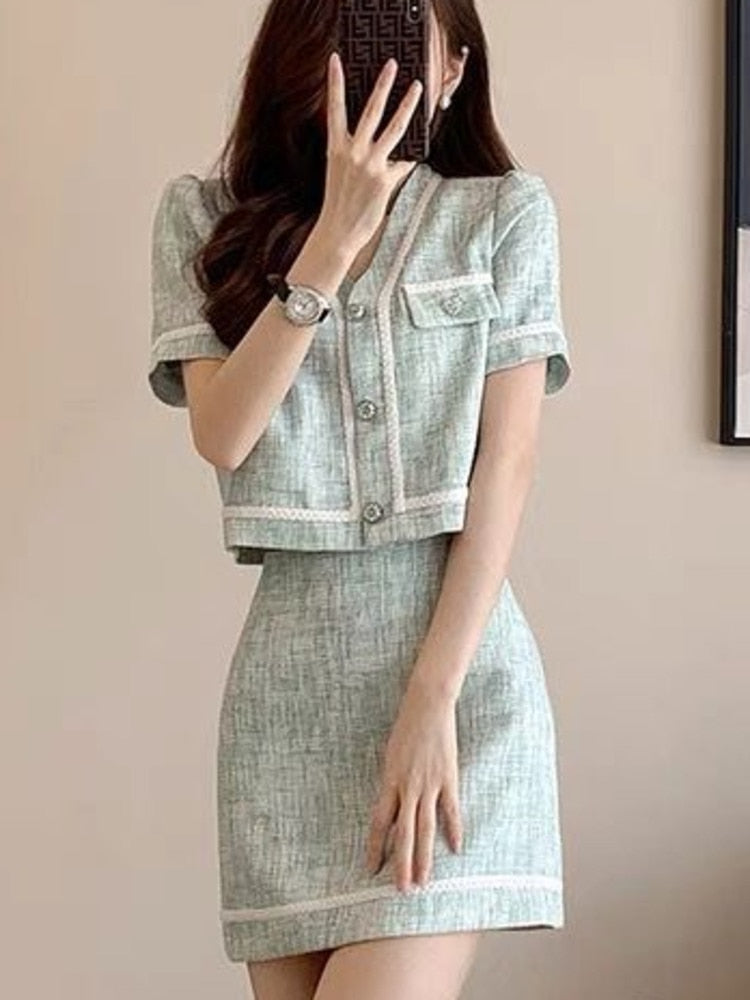 jinran French Vintage Small Fragrance Two Piece Set Women Short Jacket Coat + Mini Skirt Sets Korean Fashion Summer 2 Piece Outfit