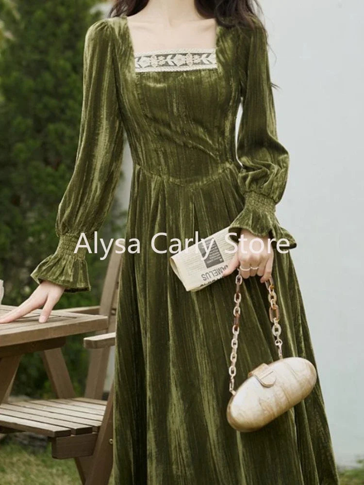 jinran Elegant Vintage Velvet Midi Dress Women Lace Patchwork Slim Korean Fairy Dress Female 2024 Spring Fashion Casual Party Dress Y2k