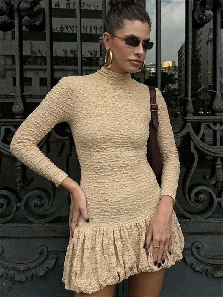 nvxiot - Autumn Patchwork Fashion Mini Dress Women's Pleated Slim High Street Skinny Party Dress Clothes Solid 2024 Female Dress