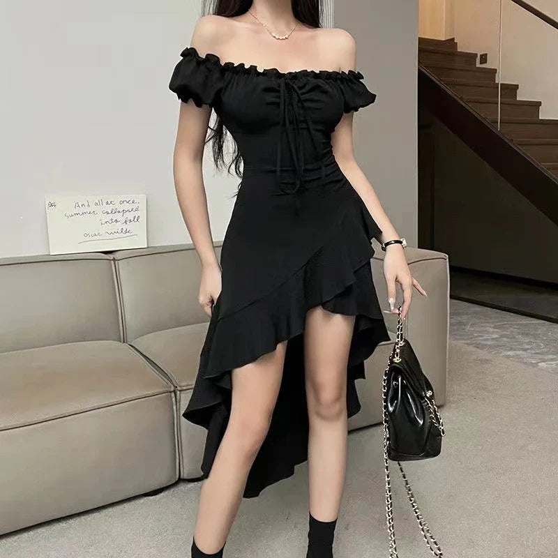 jinran Summer Black A-LINE Dress Women Streetwear Sexy Off Shoulder Short Sleeves Ruffled Mid Length Dresses Club Elegant Partywear