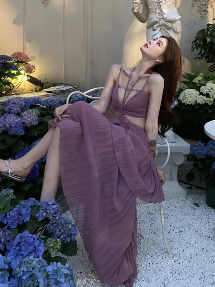 jinran Summer New Fashion Women Sexy Pleated Boho Long Dress Vacation Beach Strap A line Ladies Robe 2024 Sundress