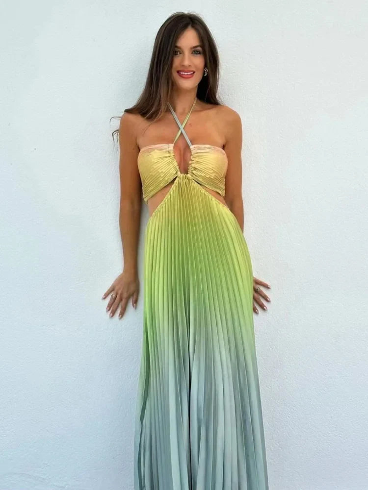 jinran New Summer Gradient Halter Pleated Long Dress Sexy Off Shoulder Backless Wrap Chest Sundress Women's Beach Vacation Dress
