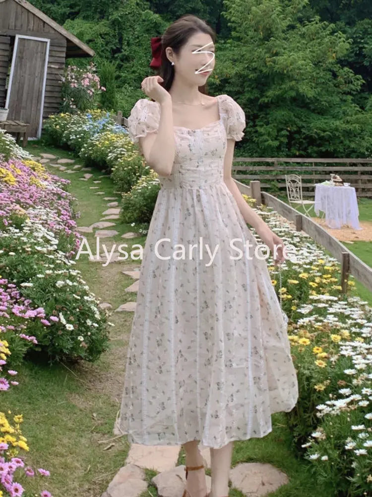 jinran Vintage Puff Sleeve Fairy Midi Dress Women Sweet Elegant Korean Style Floral Dress Female 2023 Summer Casual Party Dresses Chic