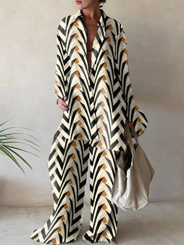 jinran Elegant Summer Stripes Shirt Pants Set Women Loose Long Sleeve Blouses Matching Wide Trousers Suit 2024 Casual 2 Piece Pant Set