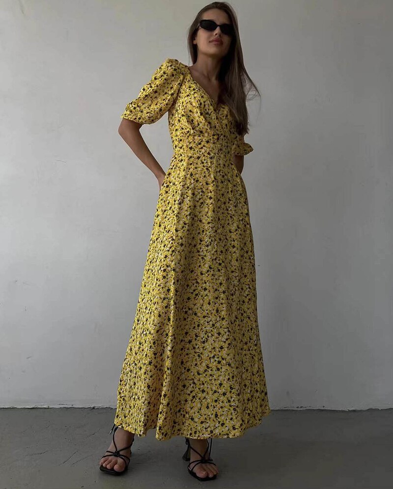 jinran Summer Cute Flower Puff Sleeves Dresses Women Sexy V-neck Slit Beam Waist Long Dress Female Vintage Elegant Red Dress