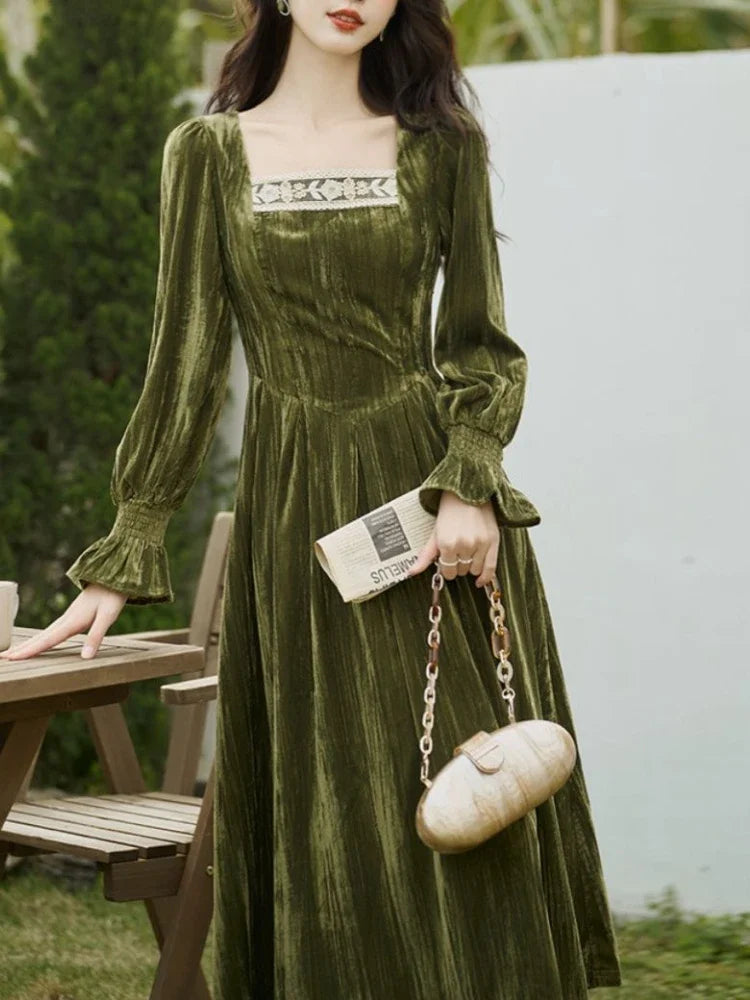 jinran Elegant Vintage Velvet Midi Dress Women Lace Patchwork Slim Korean Fairy Dress Female 2024 Spring Fashion Casual Party Dress Y2k