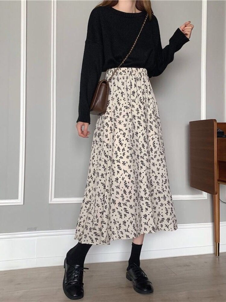 jinran - Vintage Floral Skirt Women High Waist A-line Mid-Calf Casual Skirt Korean Fashion Loose 2024 Spring Summer Female Outfit