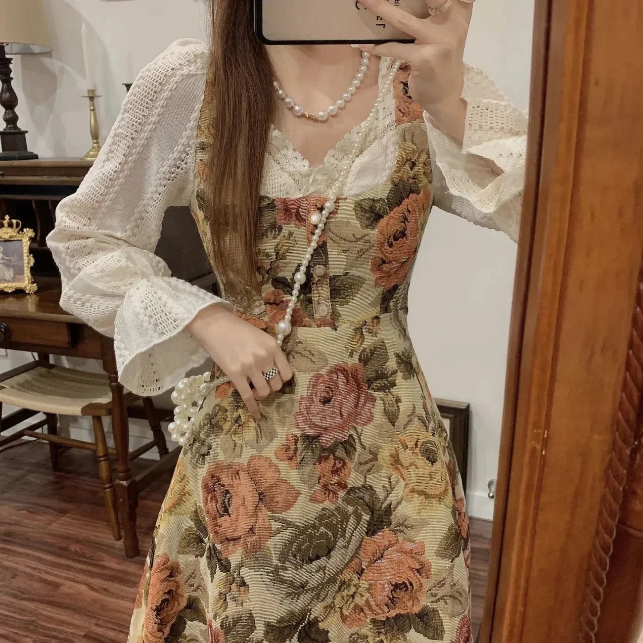 jinran French Vintage Floral Dress Women Lace Korean Style Evening Party Midi Dress Female Print Retro Elegant Fairy Dress Autumn 2024