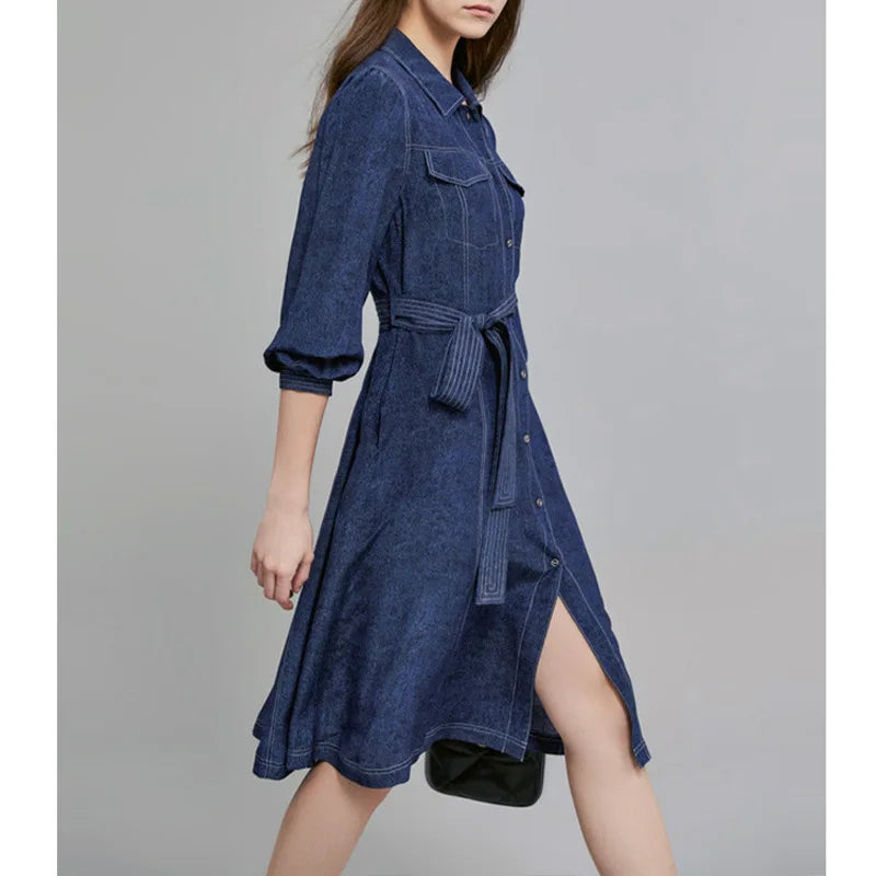 jinran 100%Real Silk Casual Denim Dress Women Turn-down Collar Long Sleeve Elegant Retro Dresses 2024 Spring Summer D41439QM