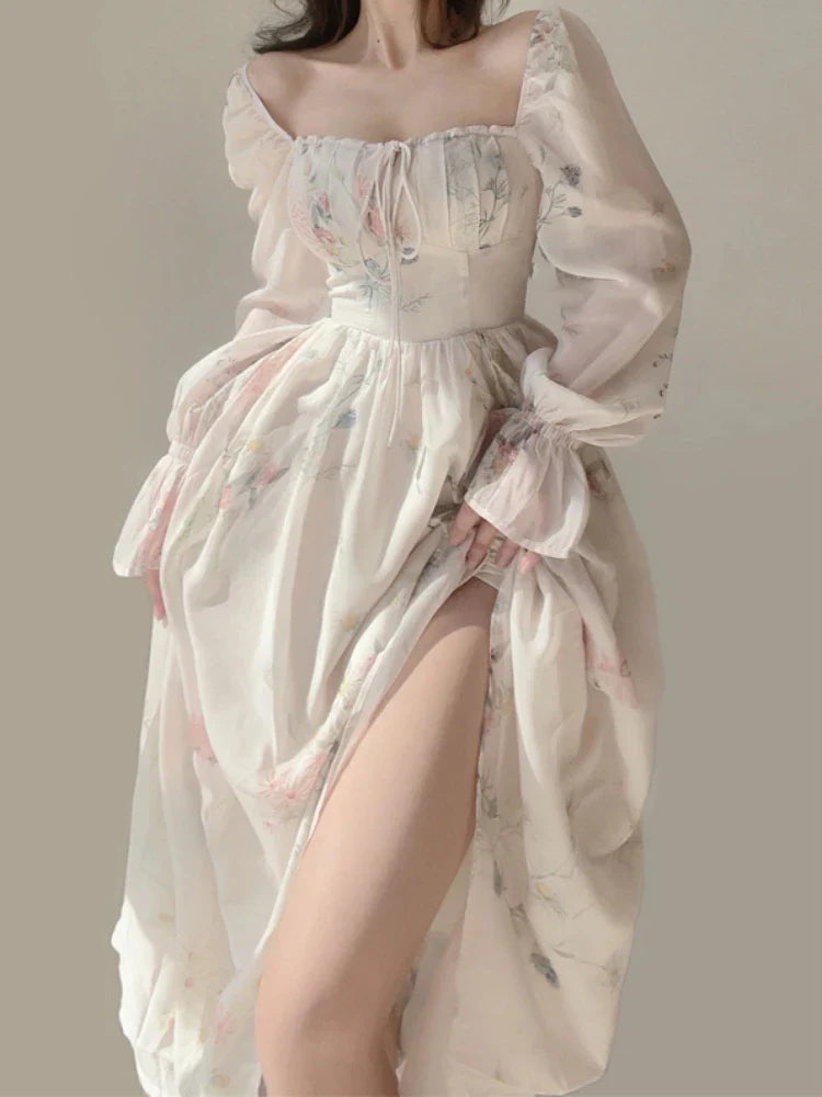 jinran 2024 Summer Elegant Floral Fairy Dress Woman Beach Style Party Long Sleeve Midi Dress Fashion Female One Piece Dress Korean Boho