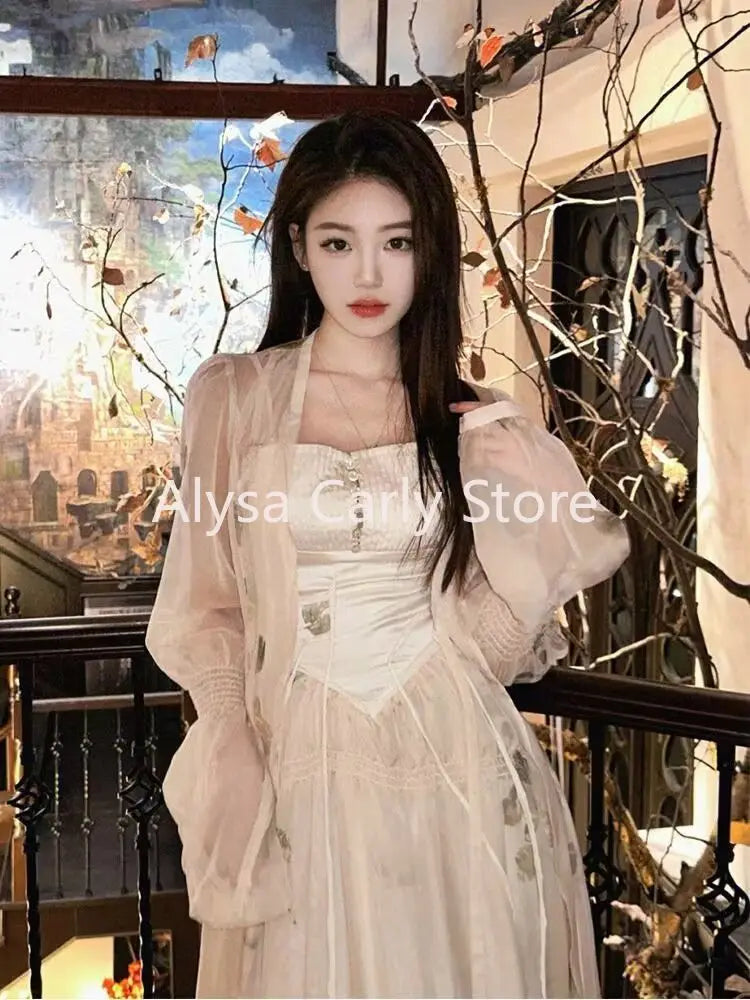 jinran Vintage Floral Dress Women Elegant Korean Style Patchwork Slip Dress Female Casual Party Long Fairy Dress Autumn 2024