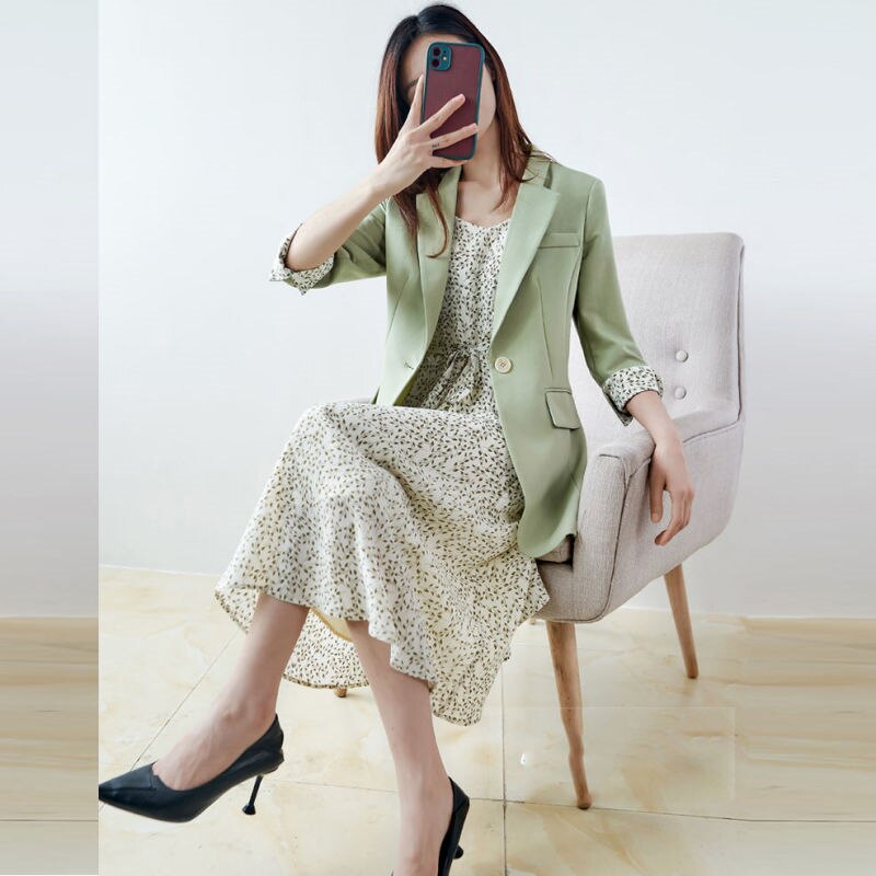 jinran Women's Graceful Spring Summer Work Clothing 2022 Office Lady Thin Suit Coats+Chiffon Print Sling Dress Casual Blazers Female