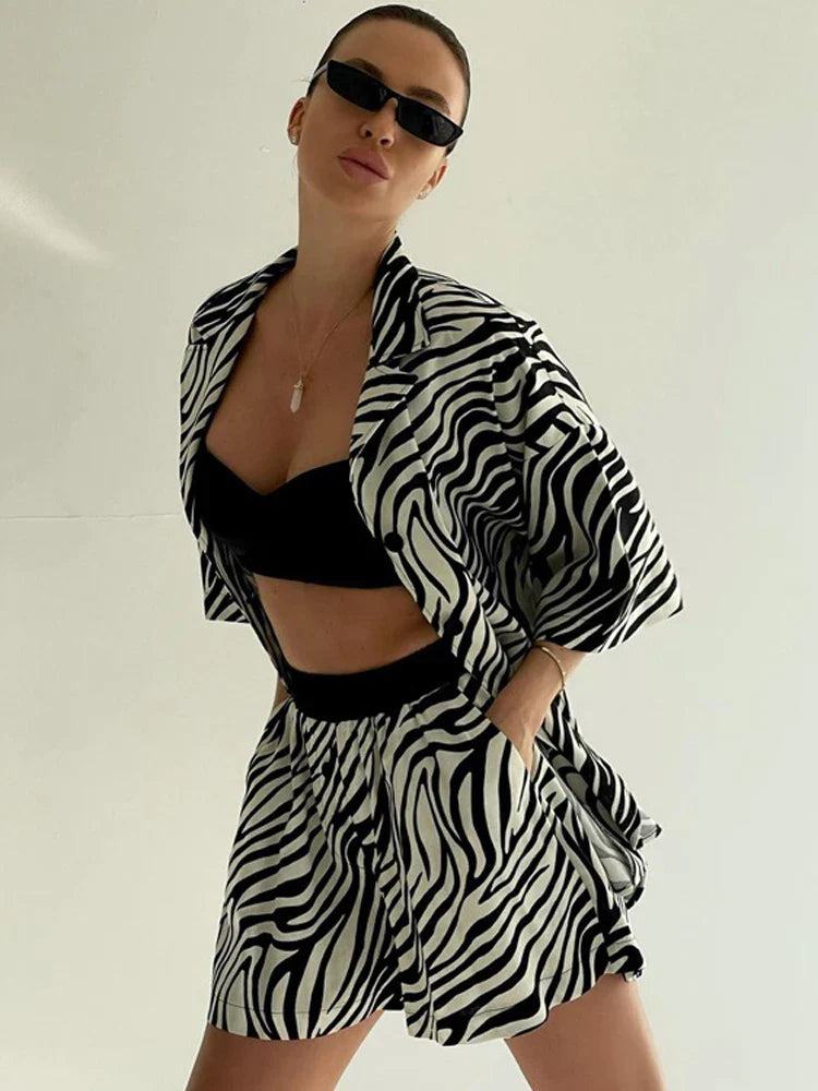 jinran Women Two Piece Sets Outfits Zebra Printed Loose Shirt Tops And High Waist Shorts Set 2024 Casual Streetwear Summer New