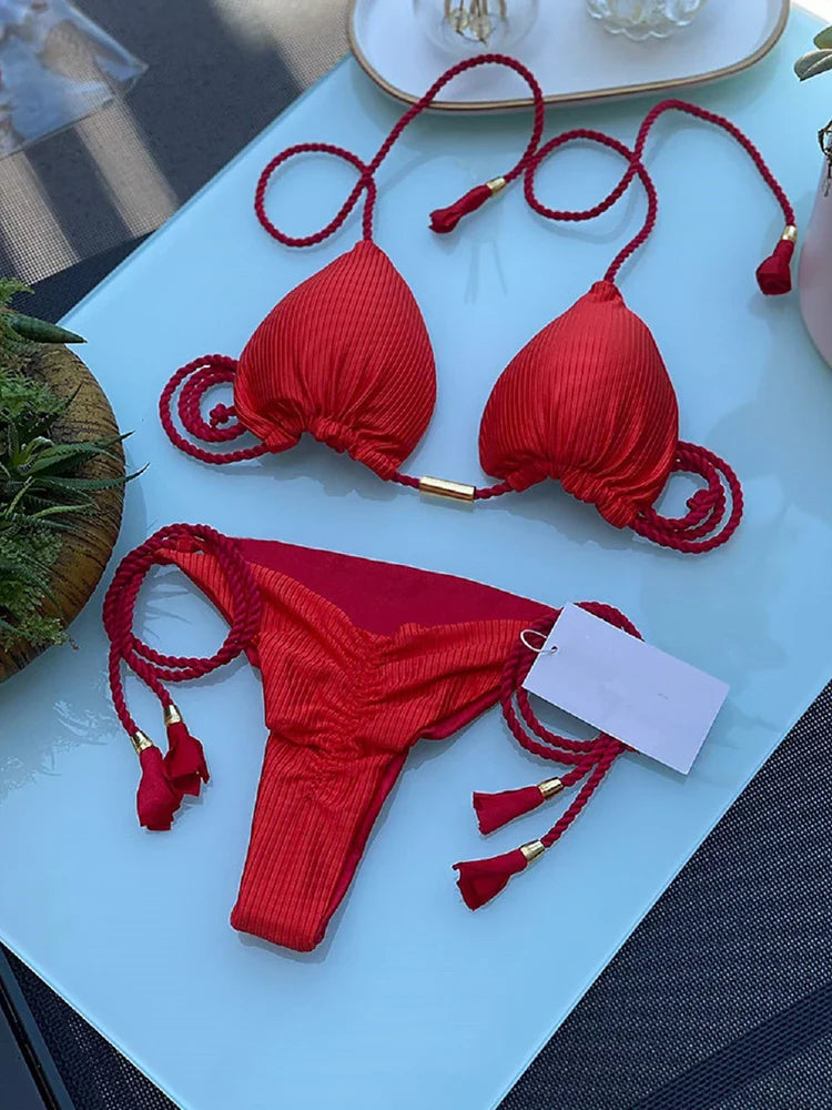 jinran Swimwear Thong Bikini Set 2024 New Blue Swimsuits Woman Sexy Bathing Suits Bikinis Triangle Bandage Female Beachwear Bikini