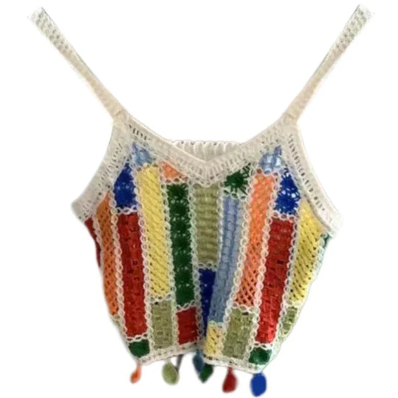 jinran Women Bohemian Crocheted Sleeveless V-Neck Camisole Summer Hollowed Knitted Colorful Tassels Thin Straps Crop Top