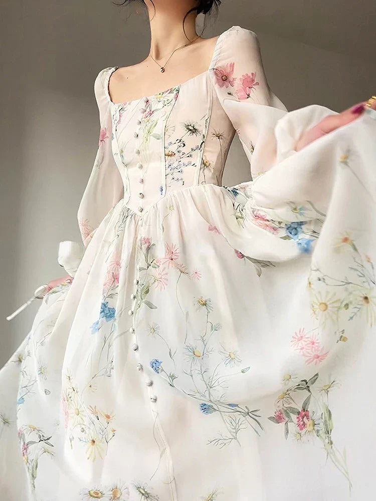 jinran Summer French Floral Midi Dress Elegant Chiffon Long Sleeve Party Dress Woman Beach Evening Fairy One Piece Dress Korean