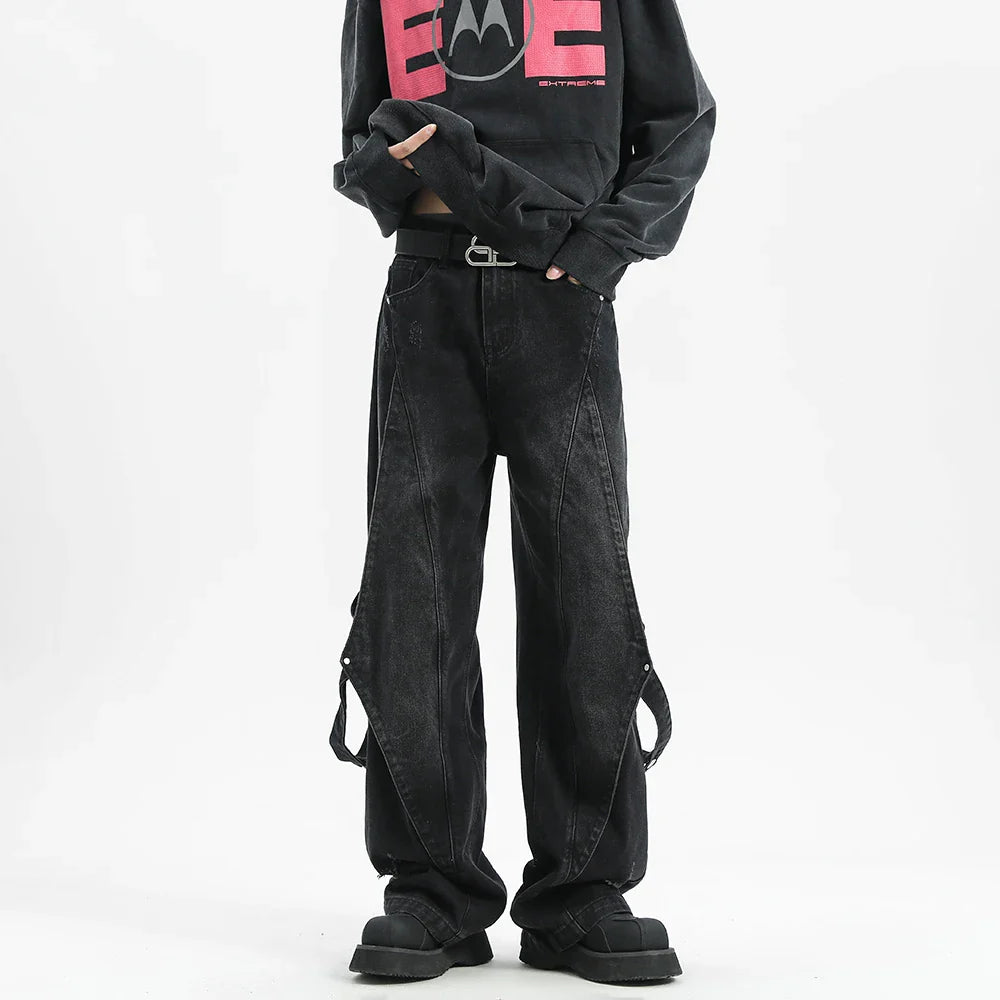 Korean Hip Hop Patchwork Wide Leg Jeans Pants Men Fashion Hole Streetwear Baggy Denim Trousers Male Oversized Straight Denim