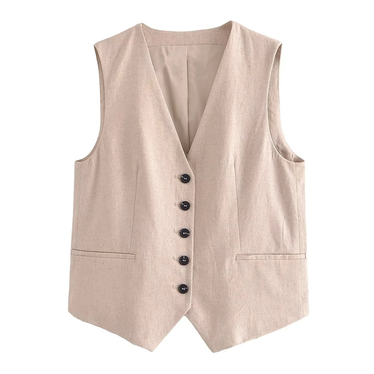 jinran Cotton Linen Brown Spring Summer Pockets Shorts Vest Set Sleevless Button Up V Neck Wide Leg Outfits 2 Pcs Suit Femme