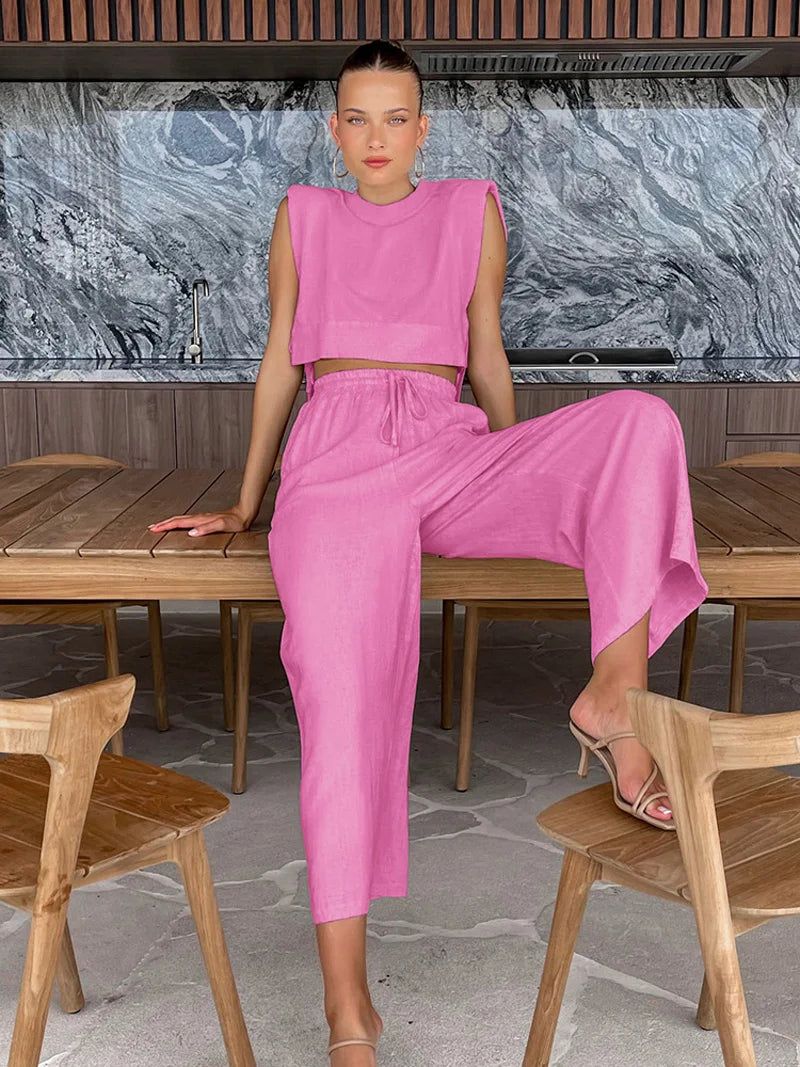 jinran Spring Summer 2024 Women Holiday Linen Pant Set Crop Tops Solid Outfits 2 Two Piece Matching Set For Women