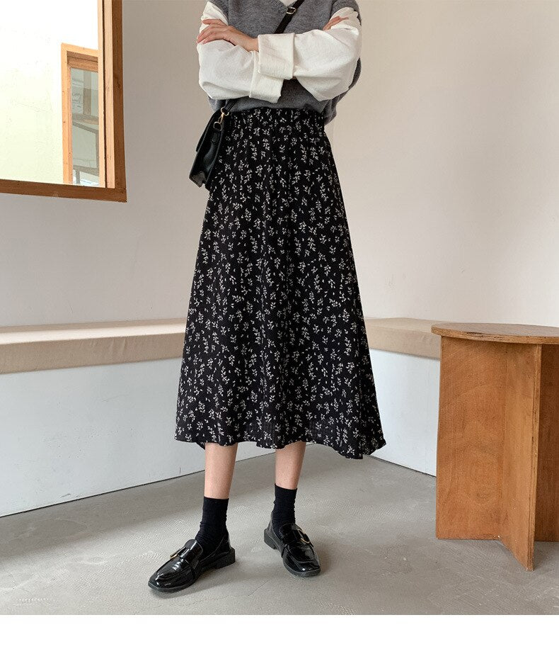jinran Summer New Floral Print A Line Pleated Women Long Skirts 2022 Korean Fashion Elastic Waist Sweet Retro Midi Skirt Streetwear