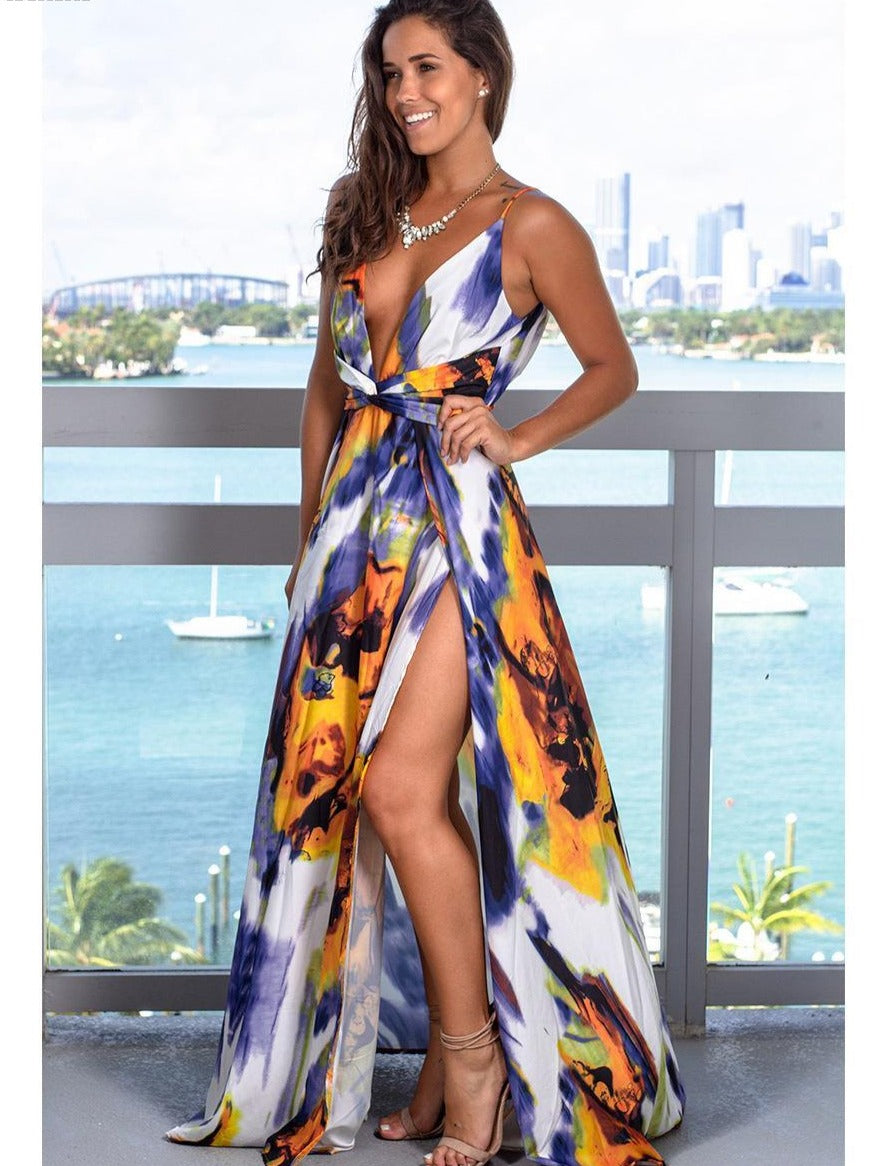 jinran Summer new women's fashion casual sleeveless halters V-neck leakback print beach slit dress