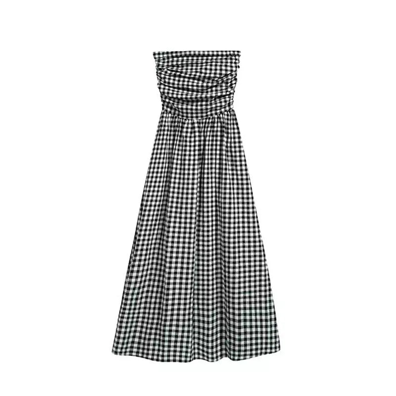 jinran Vintage Plaid Dress Women Summer Korean Elegant Tube Top All-Match Midi Dress Y2K Folds Off Shoulder Holiday Beach Vestidos