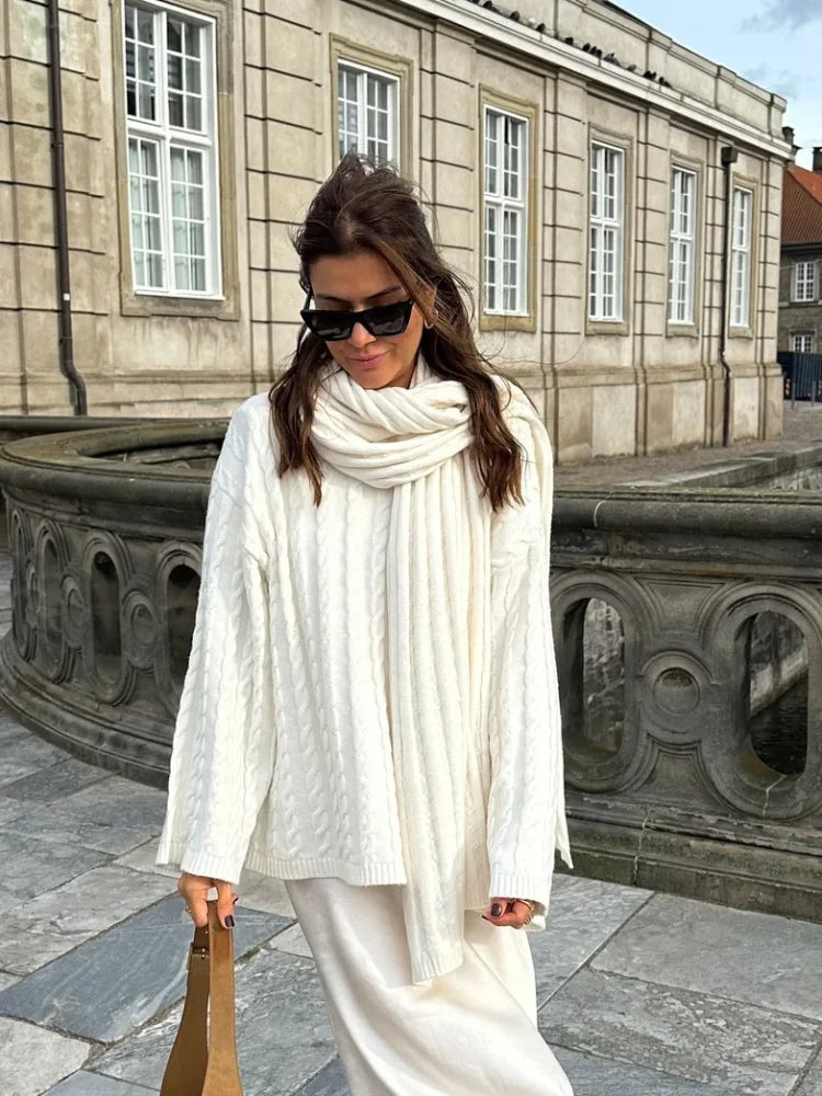 nvxiot - Autumn Solid Pleated Scarf Twisted Knitted Sweater Women Chic Long Flare Sleeve O-neck Knit Pullover 2024 Lady Streetwear