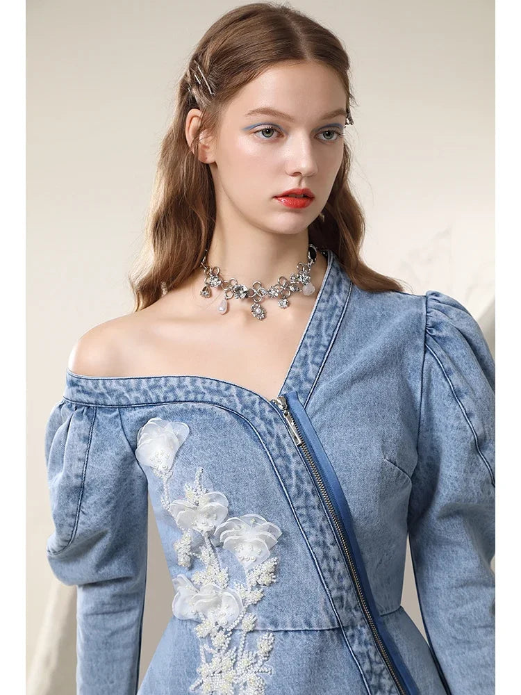 jinran Spring 2024 New Irregular Sexy Cold-Shoulder Mesh Flower Famale Dress New Chinese Style Denim A-LINE Women Dresses