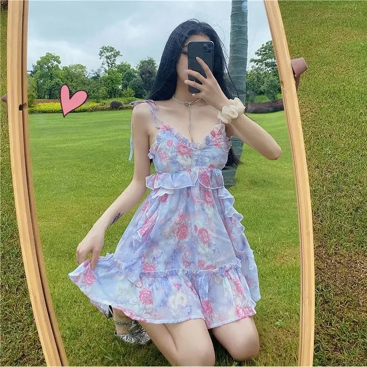 jinran Spaghetti Strap Dress Women Ruffles Sexy Japanese Sweet Princess Dress Female Beach Holiday Floral Mini Boho Dress 2024 Summer