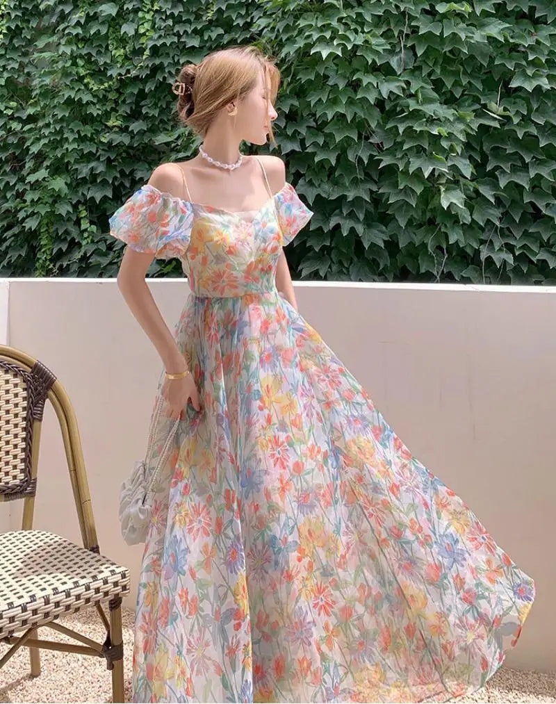 jinran Women's French First Love Puff Sleeves Floral Long Dress Summer Dresses Cool and Breathable Bare Shoulder Korean Fashion 2024
