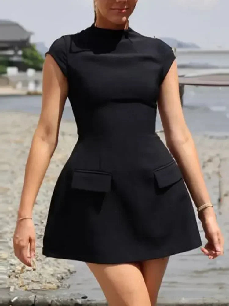 jinran 2024 Women Elegant Slim Solid Pockets Mini Dress Fashion O-neck Short Sleeve A-line Dresses Office New Lady Chic Commuting Robes