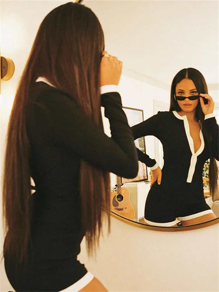 jinran Fashion Patchwork Slim Jumpsuit Female Contrast Autumn 2024 Long Sleeve High Waist Bodycon Rompers Women Casual Jumpsuit