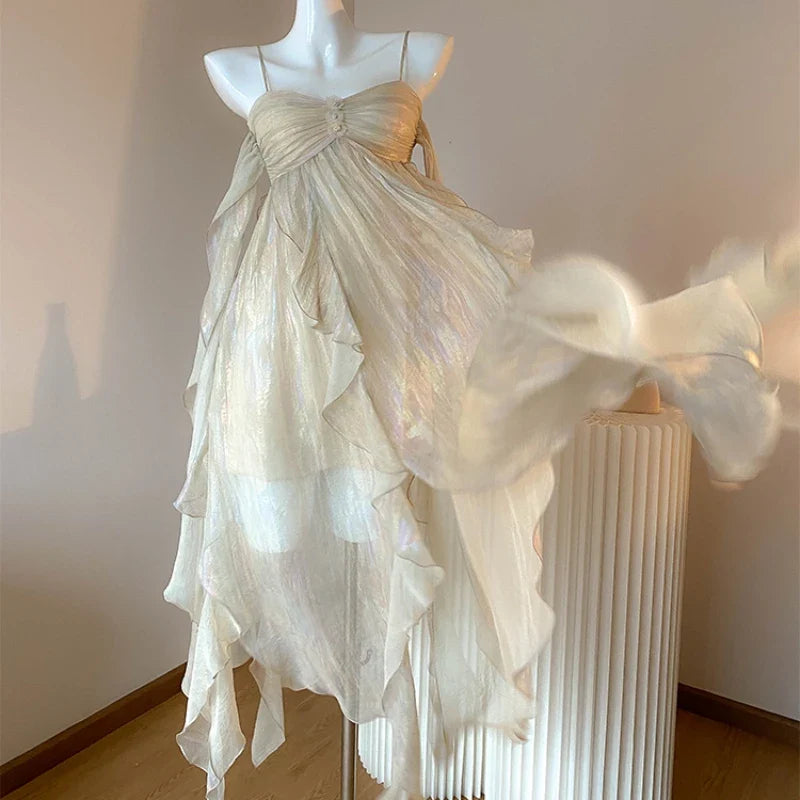 jinran France Fashion Irregular Beach Strap Dress Female Elegant Chiffon Fairy Party Vestidos Korea Summer Casual Clothing