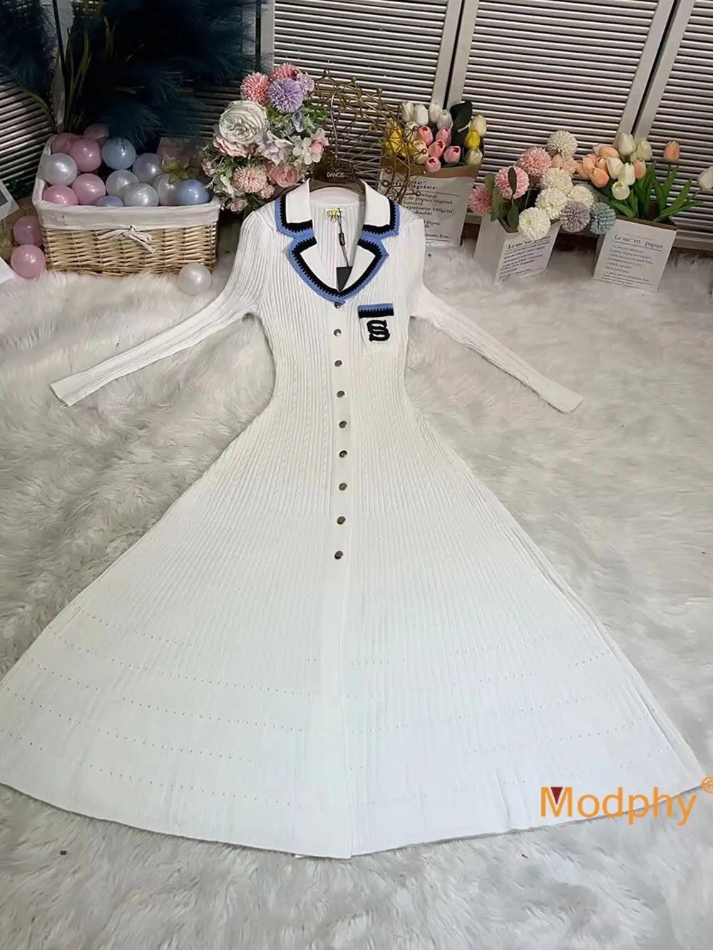 jinran 2024 Elegant Slim Knitted Long Dress Women's Letter Single Breasted Long Sleeved Designer Vintage Dresses Autumn