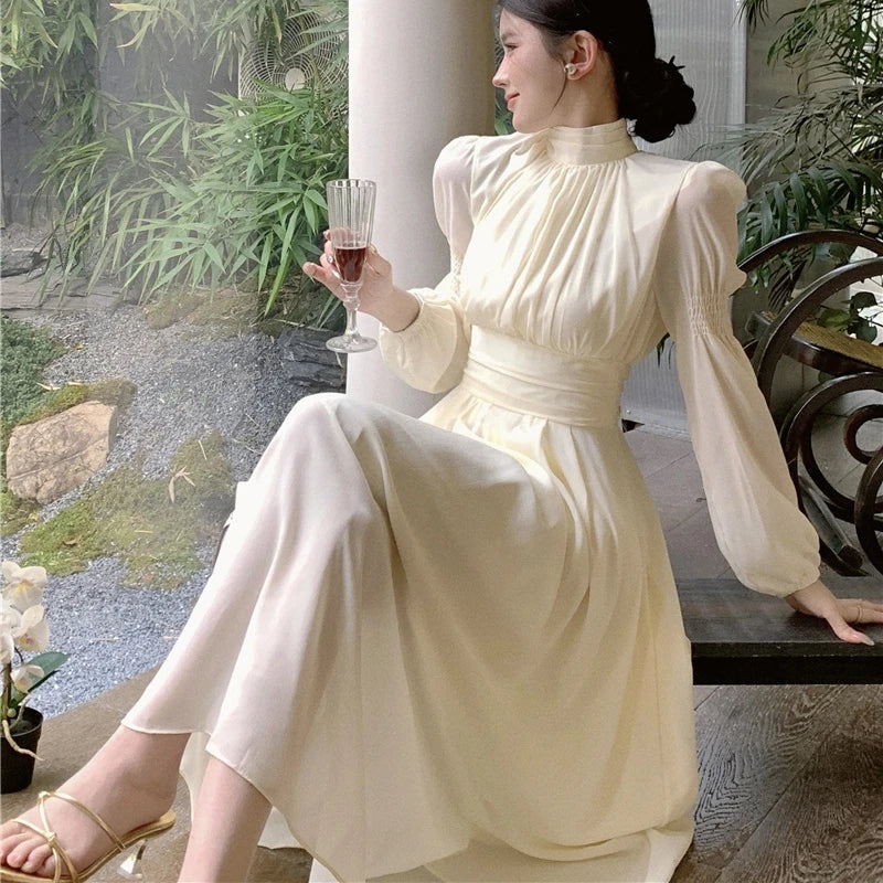 jinran 2024 Autumn Vintage Long Dress Women Stand Collar Long Lantern Sleeve High Waist Dresses Elegant Chic Party Dress