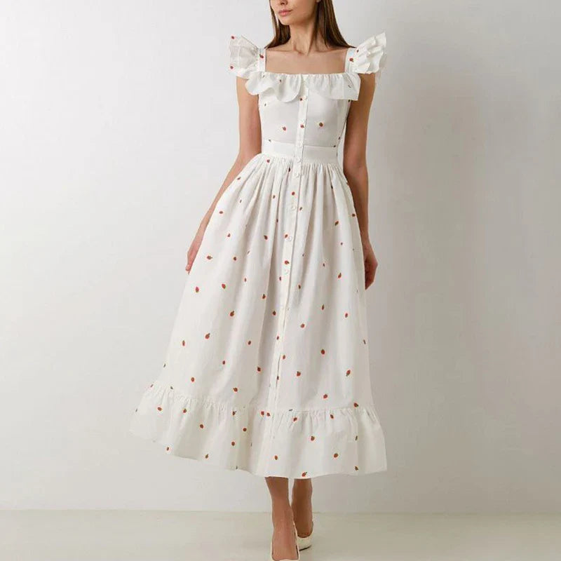 jinran Women Sexy Square Collar Hem Boho Long Dress Spring Print Button A-Line Party Dress Summer Puff Sleeve Ruffle Holiday Maxi Dress