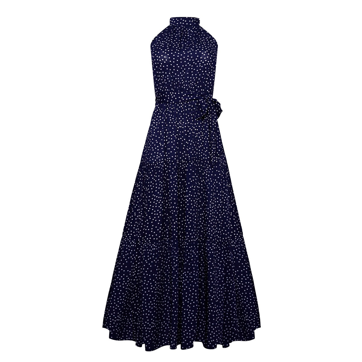 jinran Polka Dots Vintage Women Summer Halter Maxi Boho Dress Sleevless Navy Blue Floral Print Long Sash Beige A-line Beach Casual Robe