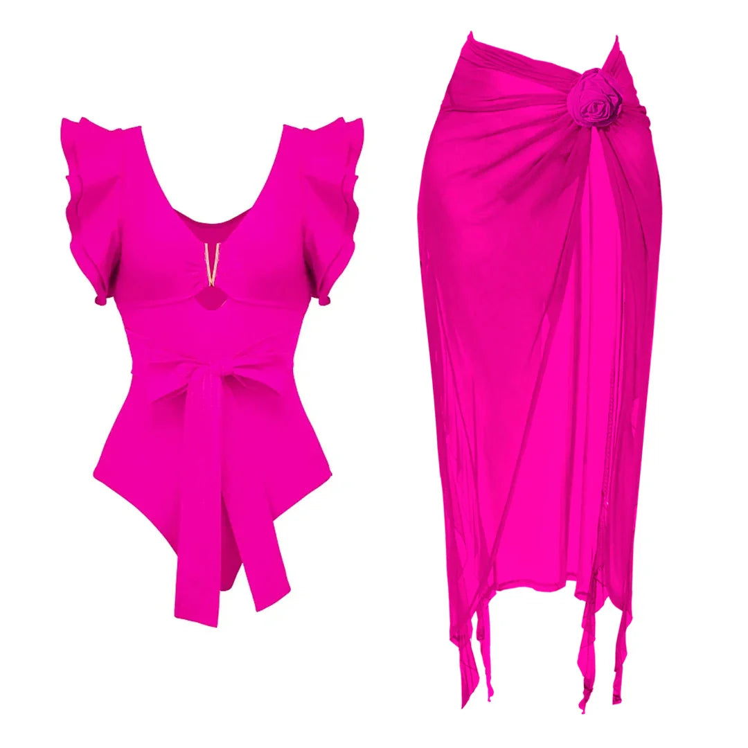 jinran 2024 One Piece Swimsuit Women Swimwear with Beach Skirt V Neck Bathing Suit Flower Beachwear Monokini Swim Summer