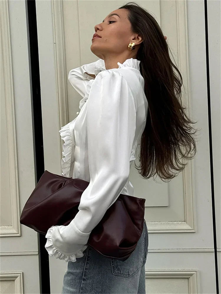 nvxiot - Fall Outfits 2024 White Ruffled Vintage Shirts For Women Patchwork V-Neck Long Sleeve Autumn 2024 Elegant Streetwear Female Cardigan Blouses