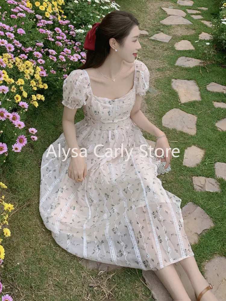jinran Vintage Puff Sleeve Fairy Midi Dress Women Sweet Elegant Korean Style Floral Dress Female 2023 Summer Casual Party Dresses Chic