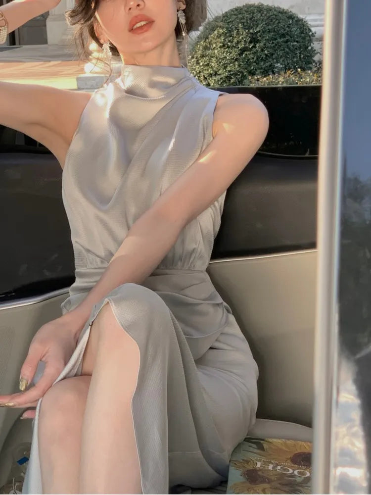 jinran Women Summer Halter Satin Midi Party Dress Sleeveless Bodycon Slim Casual Solid Birthday Vestidos Female One Pieces Fashion Robe