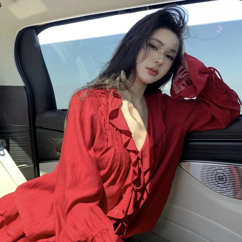 nvxiot - Autumn Set Women 2024 New Two-piece Suit Red V Neck Long Sleeve Ruffles Lace-up Blouses And High Waist Pleated Half Short Skirts